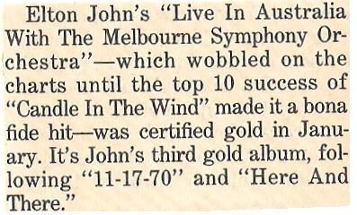 John, Elton / Live In Australia - Certified Gold | Magazine Article (1988)