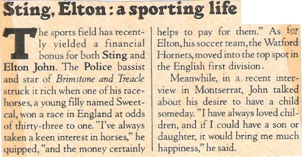 John, Elton / Sting, Elton: A Sporting Life | Magazine Article (1982)