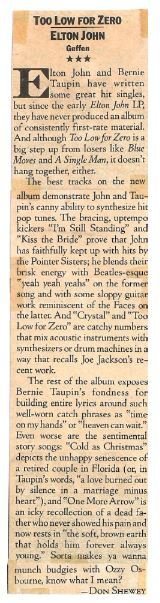 John, Elton / Too Low For Zero - Album Review #1 | Magazine Article (1983)