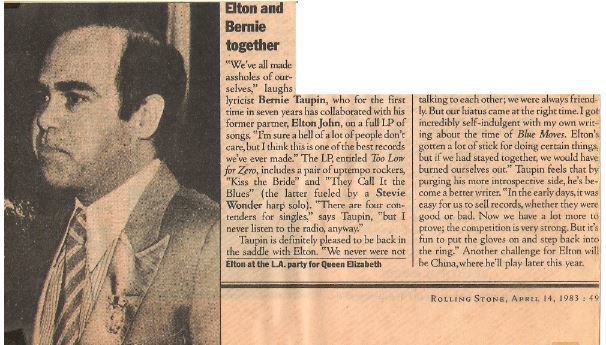 John, Elton / Elton and Bernie Together | Magazine Article with Photo (1983)