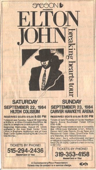 John, Elton / Breaking Hearts Tour - Ad #2 | Newspaper Ad (1984) / Iowa Shows