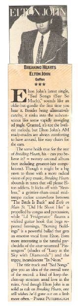 John, Elton / Breaking Hearts - Album Review #2 | Magazine Article (1984)