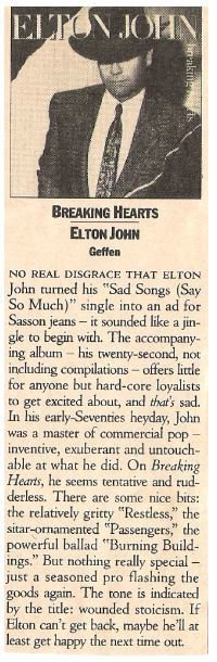 John, Elton / Breaking Hearts - Album Review #1 | Magazine Article (1984)