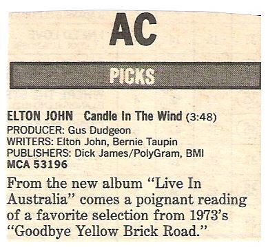 John, Elton / Candle In the Wind - Single Review #1 | Magazine Article (1987)