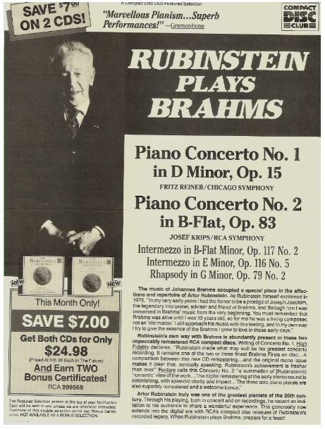 Rubinstein, Artur / Rubinstein Plays Brahms (The Rubinstein Collection) - CD Ad #1 (1990)