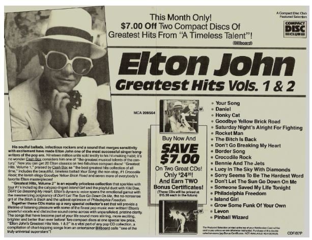John, Elton / Greatest Hits Vols. 1 + 2 - CD Ad #1 (1990)