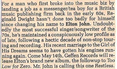 John, Elton / Engines Running Again | Magazine Article (1984)
