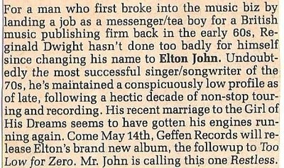 John, Elton / Engines Running Again | Magazine Article (1984)