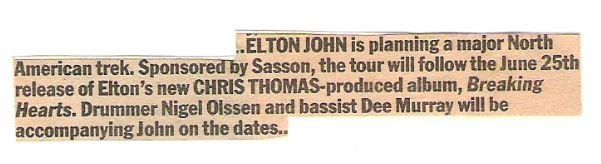 John, Elton / Major North American Trek | Magazine Article (1984)