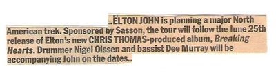 John, Elton / Major North American Trek | Magazine Article (1984)