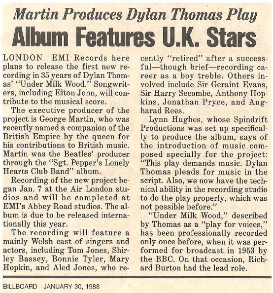 Martin, George / Martin Produces Dylan Thomas Play | Magazine Article (1988)