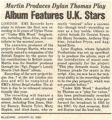 Martin, George / Martin Produces Dylan Thomas Play | Magazine Article (1988)