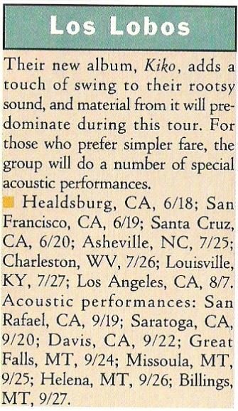 Los Lobos / Their New Album, Kiki + Tour Dates | Magazine Article (1992)