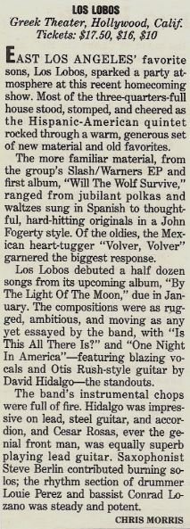 Los Lobos / Greek Theater, L.A. - Concert Review #2 (1986)