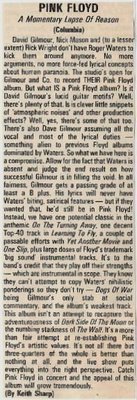 Pink Floyd / A Momentary Lapse of Reason - Album Review #1 | Magazine Article (1987)