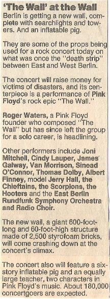 Waters, Roger / The Wall at the Wall | Newspaper Article (1990)