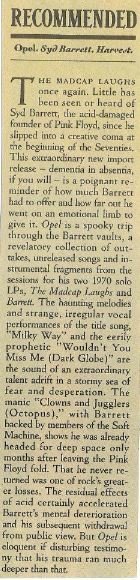 Barrett, Syd / Opel - CD Review #1 | Magazine Article (1989)