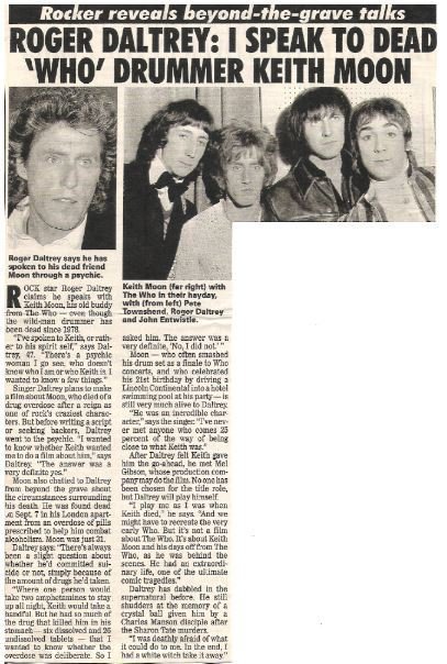 Daltrey, Roger / I Speak to Dead Who Drummer Keith Moon | Magazine Article with 2 Photos (1993)