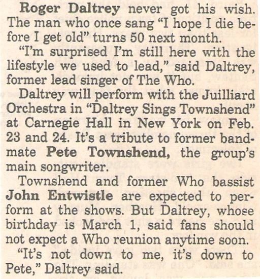Daltrey, Roger / Daltrey Turns 50 March 1 | Newspaper Article (1994)