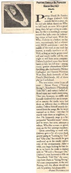 Daltrey, Roger / Parting Should Be Painless - Album Review #1 | Magazine Article (1984)
