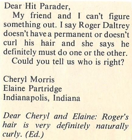 Daltrey, Roger / Naturally Curly Hair | Magazine Article (1977)
