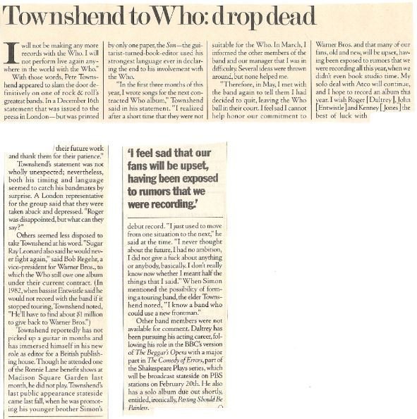 Townshend, Pete / Townshend to Who: Drop Dead | Magazine Article (1984)
