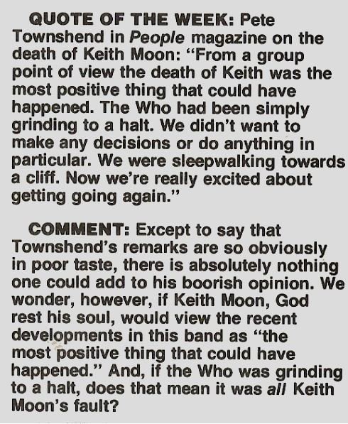 Townshend, Pete / Quote of the Week (About Keith Moon) | Magazine Article (1979)