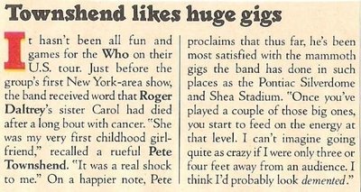 Townshend, Pete / Townshend Likes Huge Gigs | Magazine Article (1982)