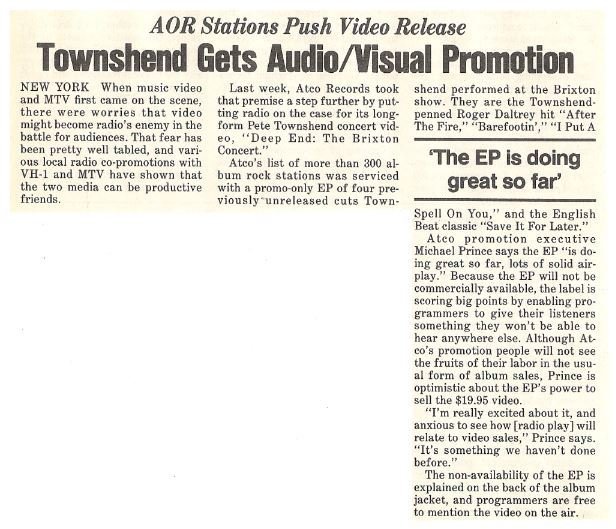Townshend, Pete / Townshend Gets Audio/Visual Promotion | Magazine Article (1986)