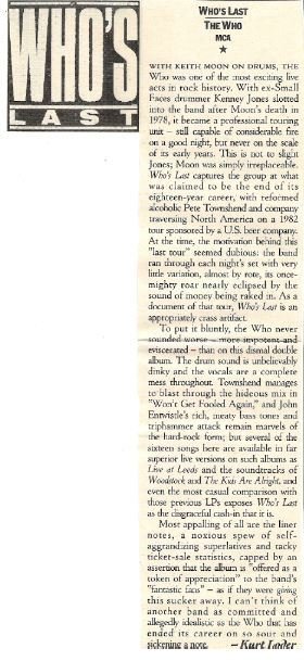 Who, The / Who&#39;s Last - Album Review #1 | Magazine Article (1985)