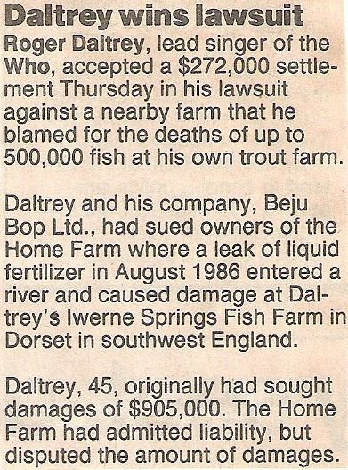 Daltrey, Roger / Daltrey Wins Lawsuit | Newspaper Article (1990)