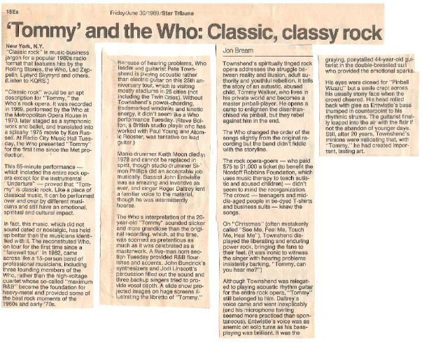 Who, The / Tommy and The Who: Classic, Classy Rock | Newspaper Article with Photo (1989)