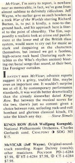 Daltrey, Roger / McVicar (Soundtrack) - Album Review #1 | Magazine Article (1980)