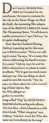 Daltrey, Roger / In Costume for His Role in Mack the Knife | Magazine Article (1989)