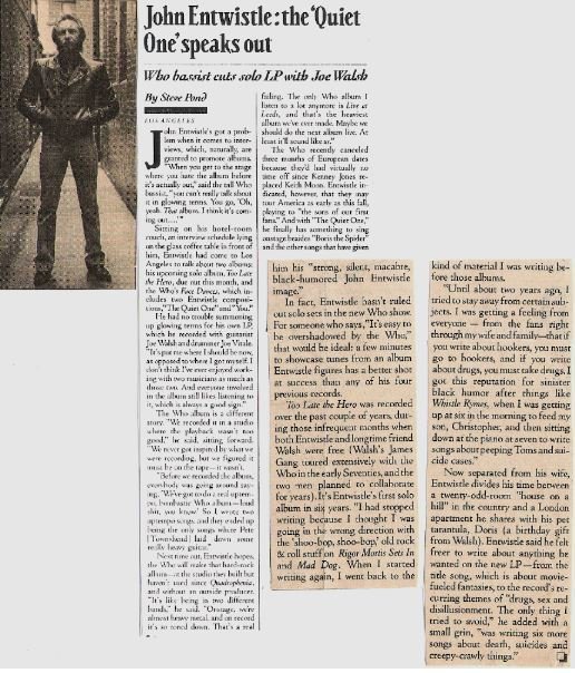 Entwistle, John / The Quiet One Speaks Out | Magazine Article with Photo (1981)