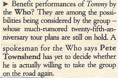Who, The / Benefit Performances of Tommy | Magazine Article (1989)