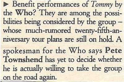 Who, The / Benefit Performances of Tommy | Magazine Article (1989)