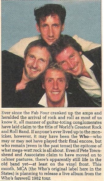 Who, The / MCA to Release Live Album | Magazine Article with Photo (1982)