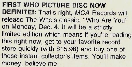 Who, The / First Who Picture Disc Now Definite! | Magazine Article (1978)