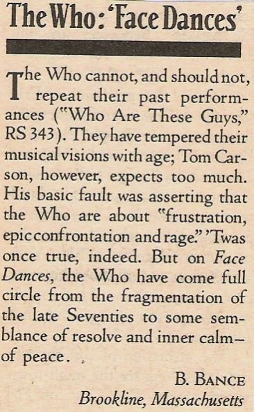 Who, The / Face Dances (Reader Letter) | Magazine Article (1981)