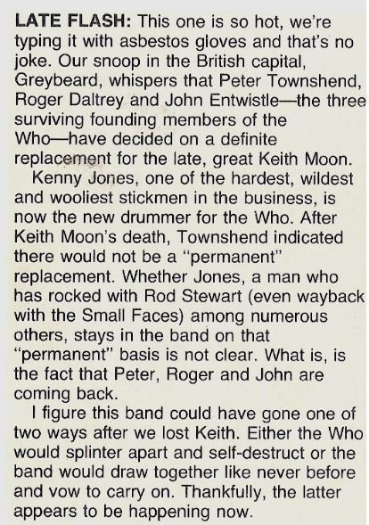 Who, The / Late Flash: Kenney Jones Replaces Keith Moon | Magazine Article (1978)