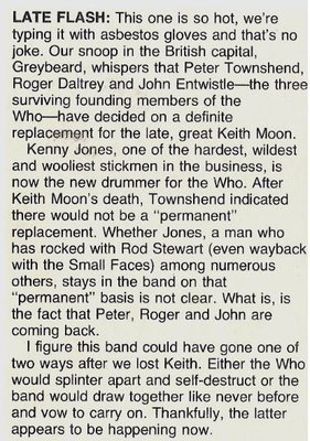 Who, The / Late Flash: Kenney Jones Replaces Keith Moon | Magazine Article (1978)