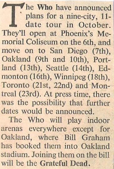 Who, The / Plans for Nine-City, 11 Date Tour | Magazine Article (1976)
