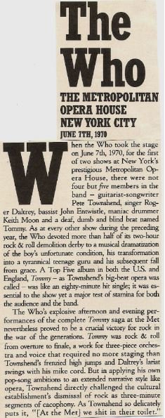 Who, The / The Metropolitan Opera House - New York City | Magazine Article with 3 Photos (1970)