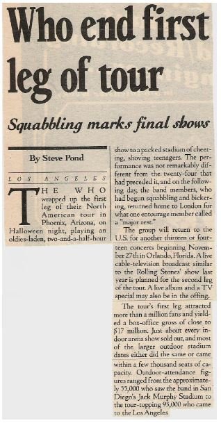Who, The / Who End First Leg of Tour | Magazine Article (1982)