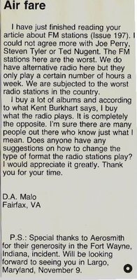 Aerosmith / Air Fare (Reader Letter) | Magazine Article (1978)