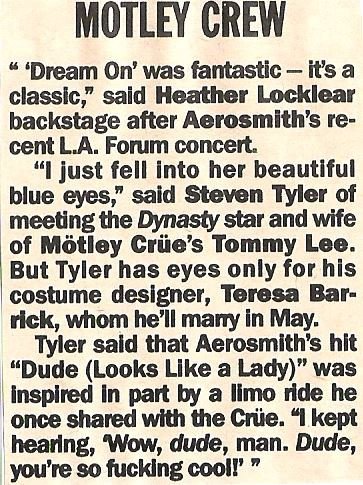 Aerosmith / Steven Tyler Meets Heather Locklear | Magazine Article (1988)