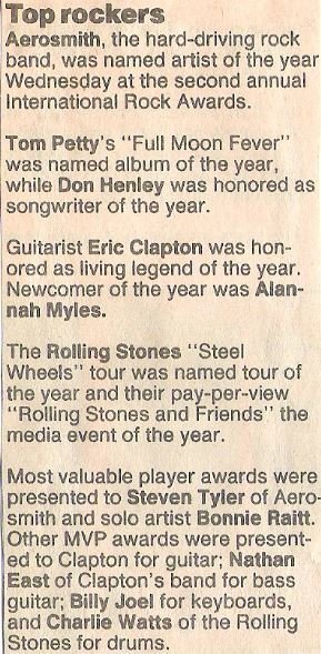 Aerosmith / Top Rockers - International Rock Awards | Newspaper Article (1990)