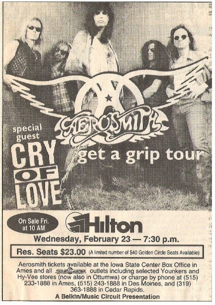 Aerosmith / Get a Grip Tour - Hilton Coliseum - Ad #1 | Newspaper Ad (1994)