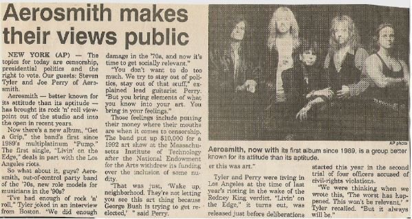 Aerosmith / Aerosmith Makes Their Views Public | Newspaper Article with Photo (1993)